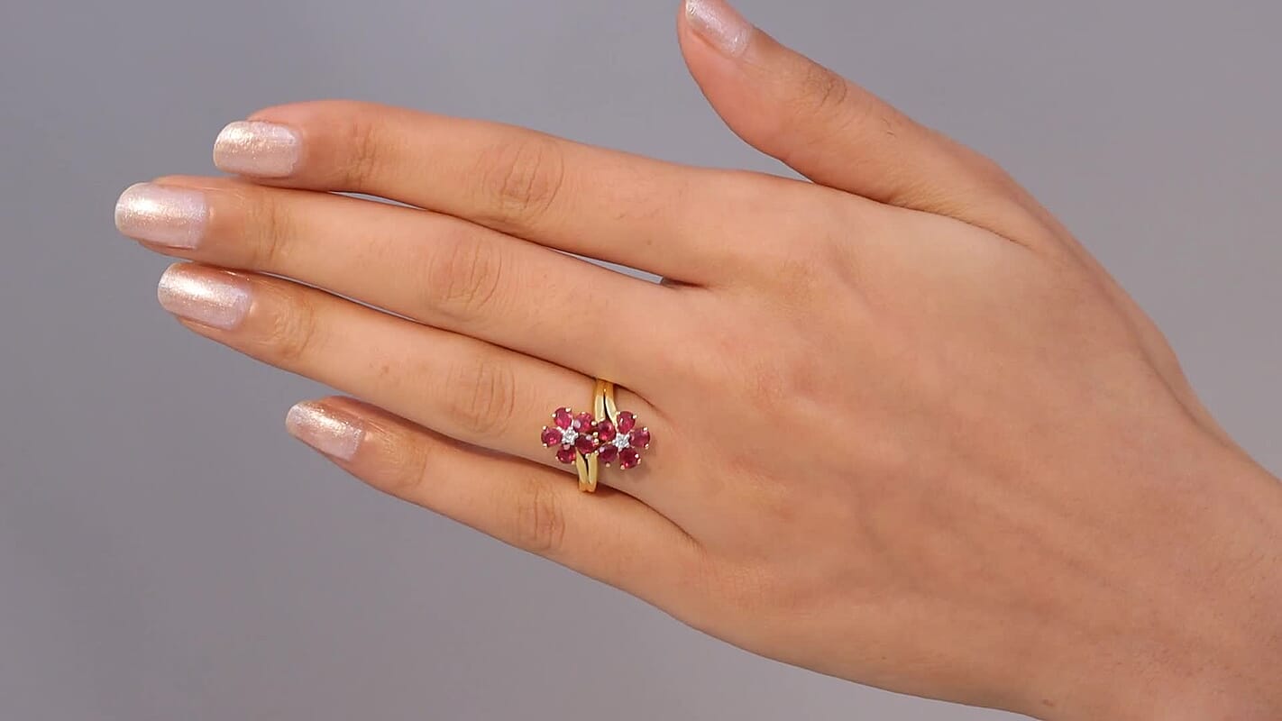 D'Joy AAA African Ruby (FF), White Zircon Ring in 18K YG Plated Sterling Silver (Size 8.5) 2.30 ctw