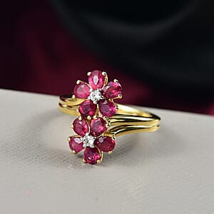 D'Joy AAA African Ruby (FF) and White Zircon 2.30 ctw Ring in 18K YG Plated Sterling Silver (Size 8.5)