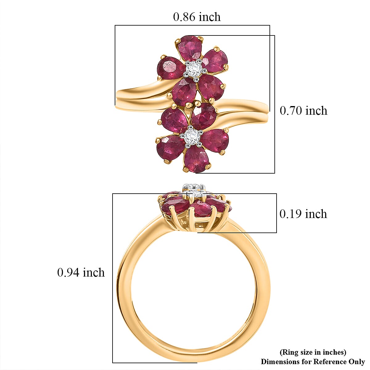 D'Joy AAA African Ruby (FF) and White Zircon 2.30 ctw Ring in 18K YG Plated Sterling Silver (Size 8.5)