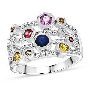 Multi Sapphire and Moissanite 1.50 ctw Ring in Rhodium Over Sterling Silver (Size 8.0)