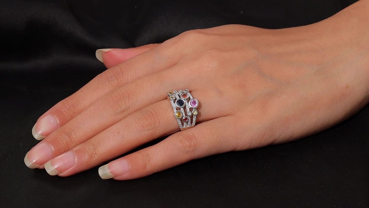 Multi Sapphire, Moissanite Ring in Rhodium Over Sterling Silver (Size 8.0) 1.50 ctw