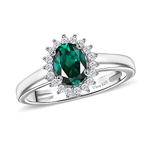 D'Joy Lab Grown Emerald and White Zircon 1.10 ctw Ring in Rhodium Over Sterling Silver (Size 8.0)