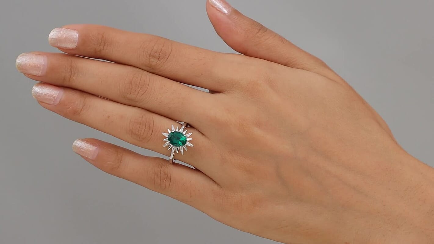 D'Joy Lab Grown Emerald, White Zircon Ring in Rhodium Over Sterling Silver (Size 8.0) 1.10 ctw