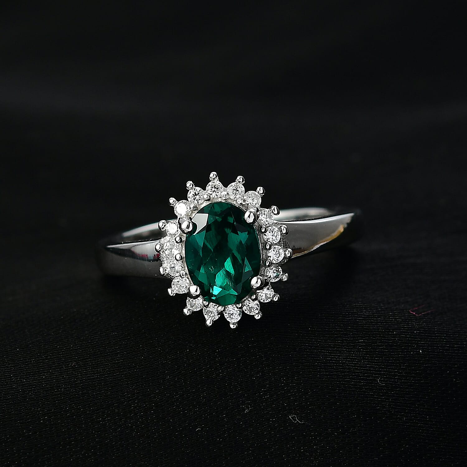 D'Joy Lab Grown Emerald and White Zircon 1.10 ctw Ring in Rhodium Over Sterling Silver (Size 8.0)