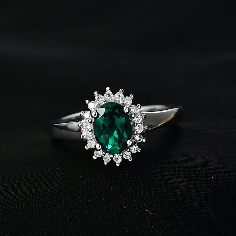 D'Joy Lab Grown Emerald and White Zircon 1.10 ctw Ring in Rhodium Over Sterling Silver (Size 8.0)