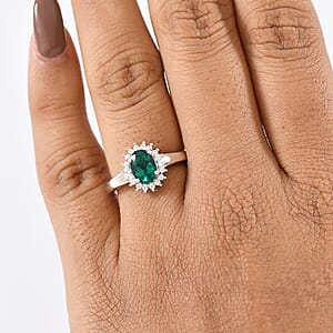 D'Joy Lab Grown Emerald and White Zircon 1.10 ctw Ring in Rhodium Over Sterling Silver (Size 8.0)