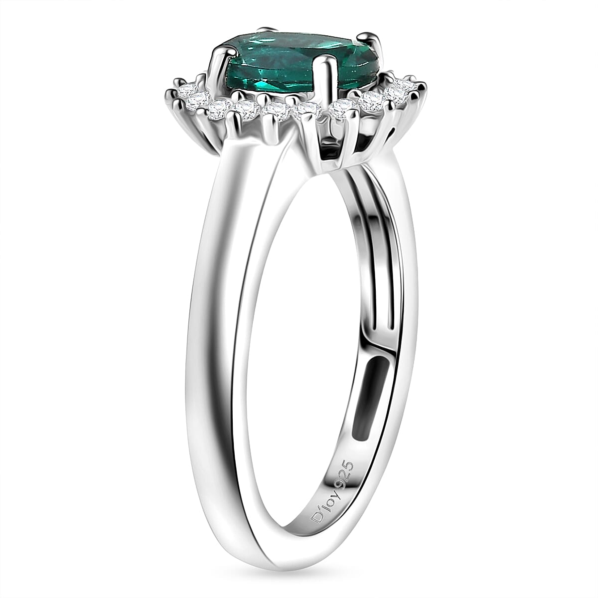 D'Joy Lab Grown Emerald and White Zircon 1.10 ctw Ring in Rhodium Over Sterling Silver (Size 8.0)