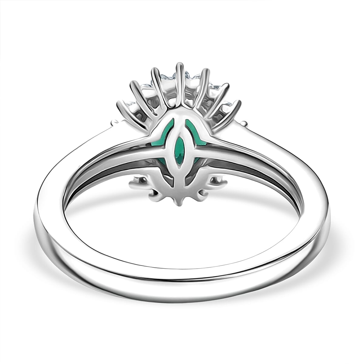 D'Joy Lab Grown Emerald and White Zircon 1.10 ctw Ring in Rhodium Over Sterling Silver (Size 8.0)