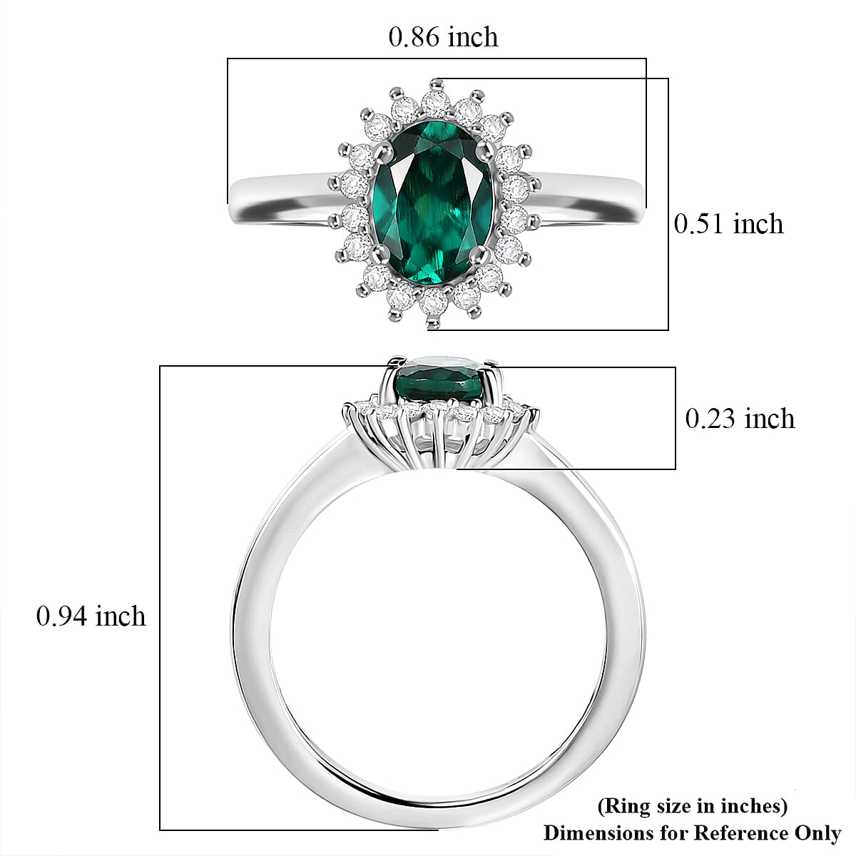 D'Joy Lab Grown Emerald and White Zircon 1.10 ctw Ring in Rhodium Over Sterling Silver (Size 8.0)