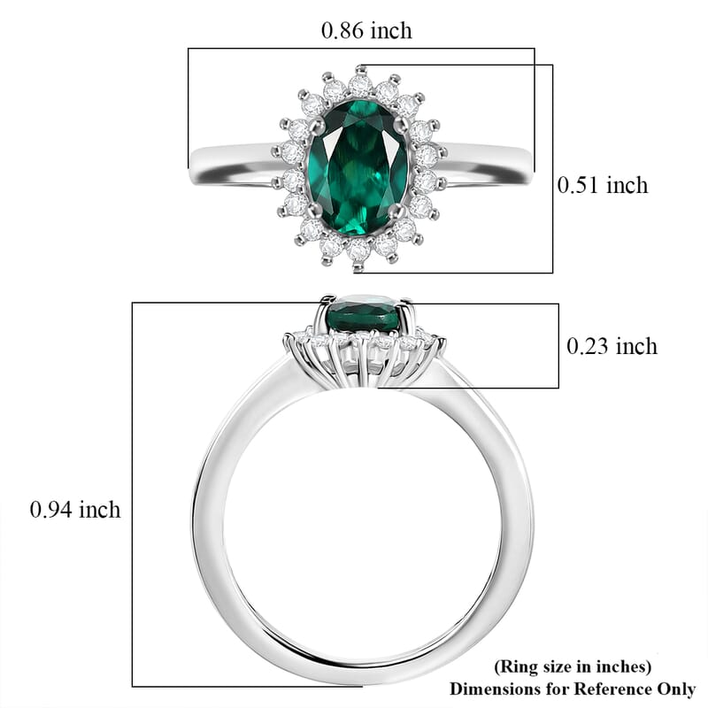 D'Joy Lab Grown Emerald and White Zircon 1.10 ctw Ring in Rhodium Over Sterling Silver (Size 8.0)