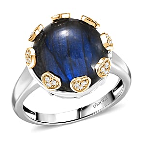 D'Joy AAA Malagasy Labradorite and White Zircon 13.00 ctw Ring in 18K Vermeil YG and Rhodium Over Sterling Silver (Size 10.0)