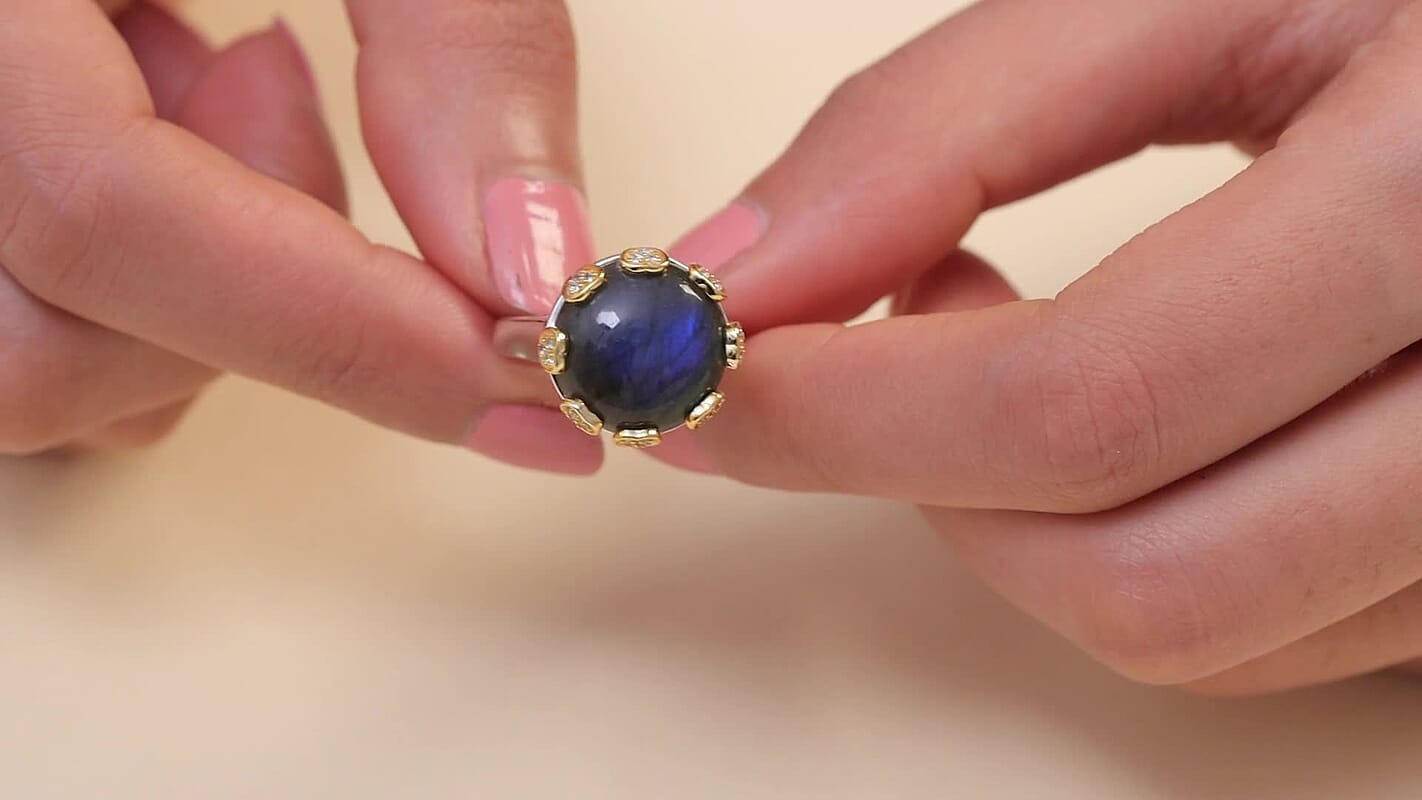 D'Joy AAA Malagasy Labradorite, White Zircon Ring in Rhodium Over Sterling Silver (Size 10.0) 13.00 ctw