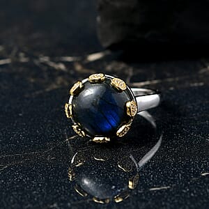 D'Joy AAA Malagasy Labradorite and White Zircon 13.00 ctw Ring in 18K Vermeil YG and Rhodium Over Sterling Silver (Size 10.0)
