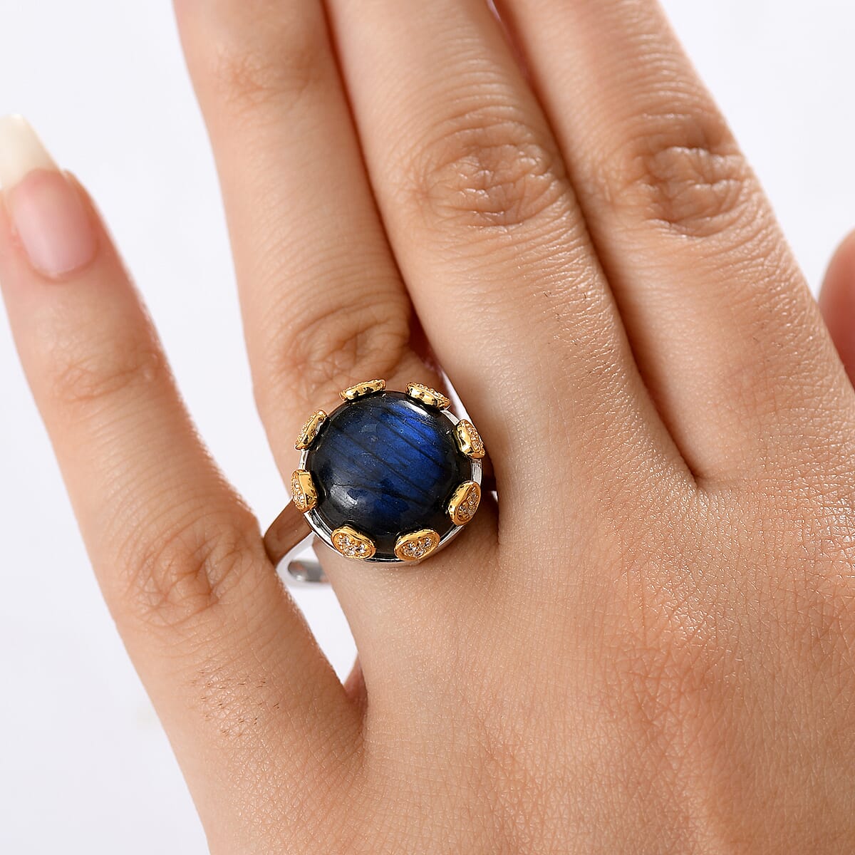 D'Joy AAA Malagasy Labradorite and White Zircon 13.00 ctw Ring in 18K Vermeil YG and Rhodium Over Sterling Silver (Size 10.0) image number 2