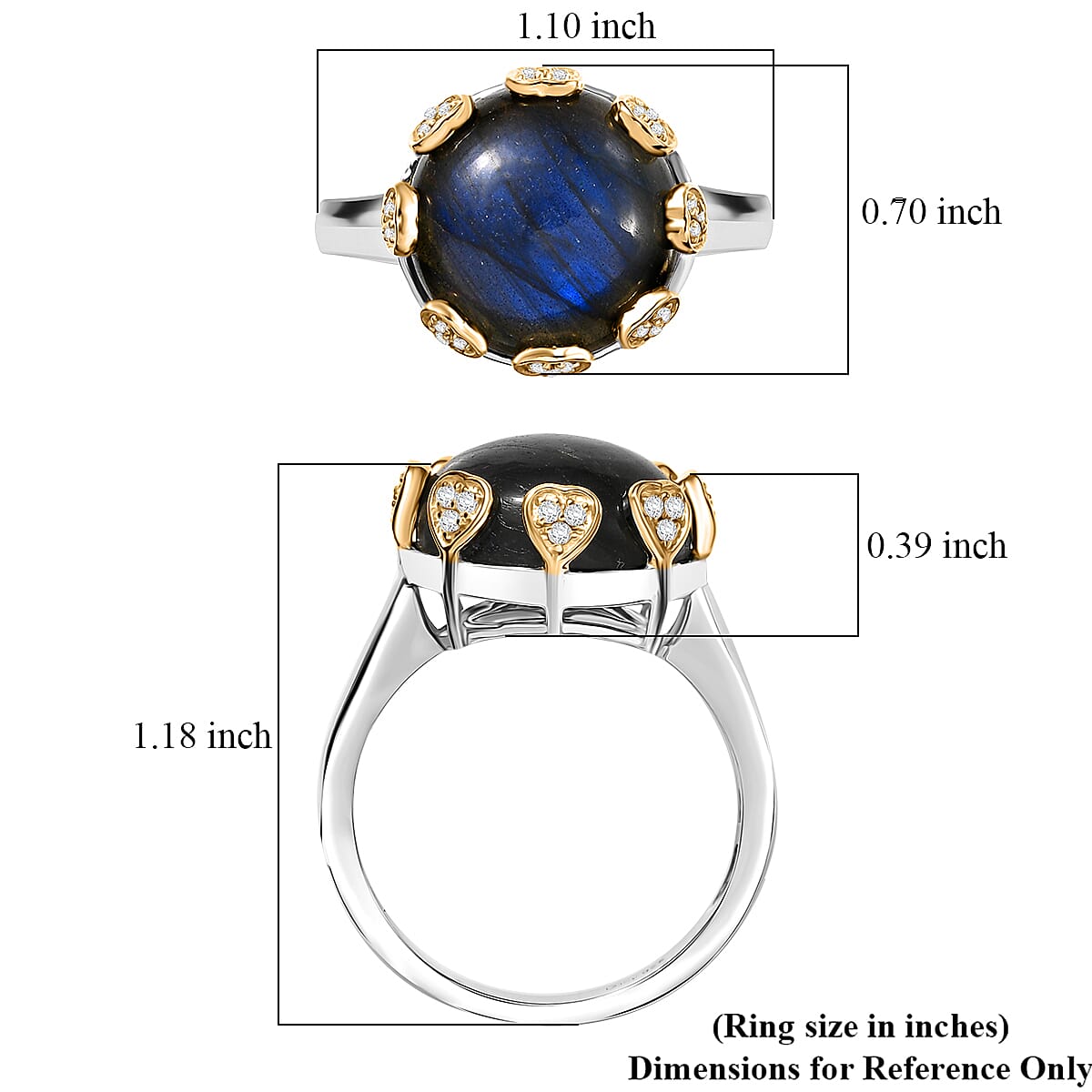 D'Joy AAA Malagasy Labradorite and White Zircon 13.00 ctw Ring in 18K Vermeil YG and Rhodium Over Sterling Silver (Size 10.0)