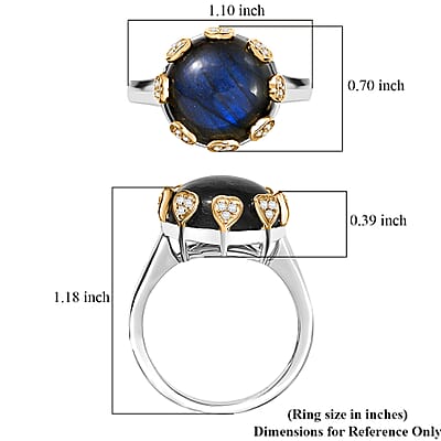 D'Joy AAA Malagasy Labradorite and White Zircon 13.00 ctw Ring in 18K Vermeil YG and Rhodium Over Sterling Silver (Size 10.0)