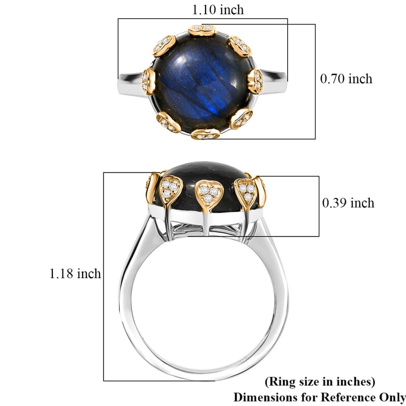 D'Joy AAA Malagasy Labradorite and White Zircon 13.00 ctw Ring in 18K Vermeil YG and Rhodium Over Sterling Silver (Size 10.0)