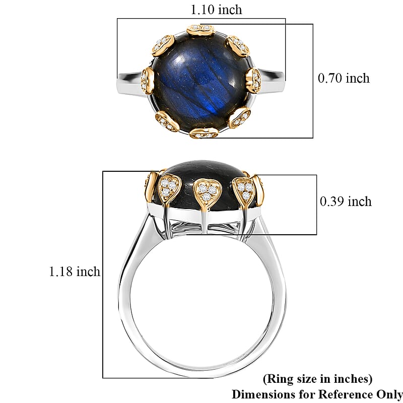 D'Joy AAA Malagasy Labradorite and White Zircon 13.00 ctw Ring in 18K Vermeil YG and Rhodium Over Sterling Silver (Size 10.0)