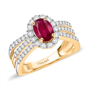 D'Joy African Ruby (FF) and Moissanite 1.80 ctw Ring in 18K Vermeil YG and Rhodium Over Sterling Silver (Size 5.0)