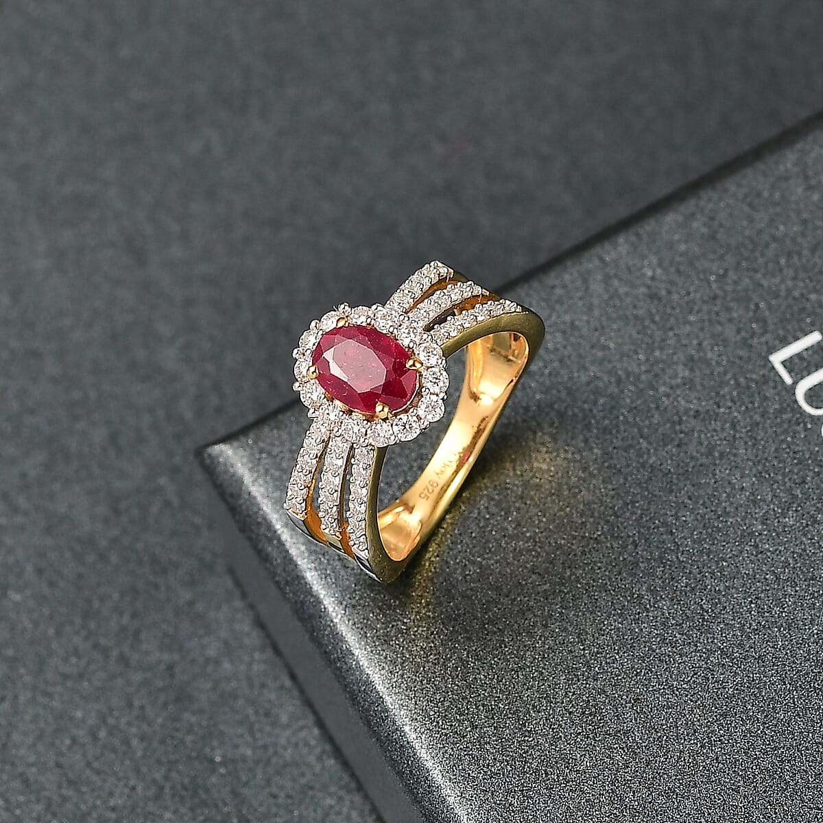 D'Joy African Ruby (FF) and Moissanite 1.80 ctw Ring in 18K Vermeil YG and Rhodium Over Sterling Silver (Size 5.0) image number 1
