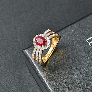D'Joy African Ruby (FF) and Moissanite 1.80 ctw Ring in 18K Vermeil YG and Rhodium Over Sterling Silver (Size 5.0)