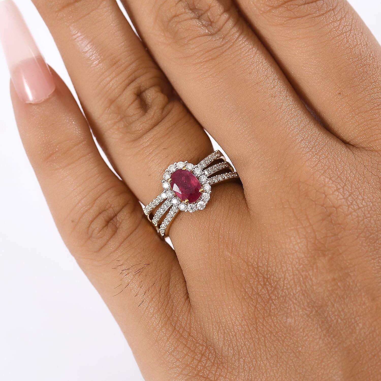 D'Joy African Ruby (FF) and Moissanite 1.80 ctw Ring in 18K Vermeil YG and Rhodium Over Sterling Silver (Size 5.0)