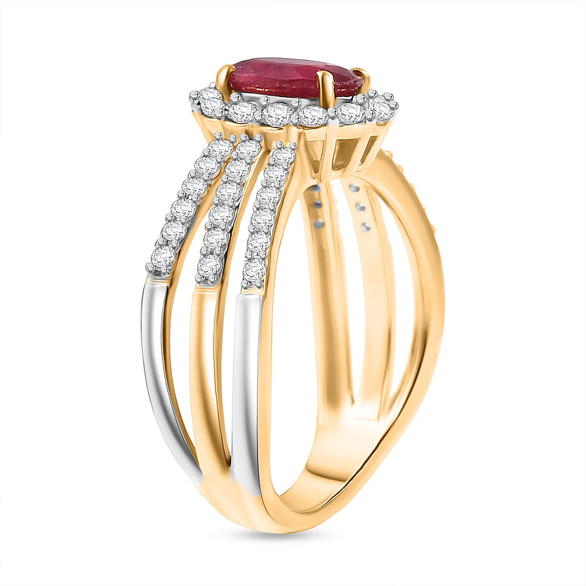 D'Joy African Ruby (FF) and Moissanite 1.80 ctw Ring in 18K Vermeil YG and Rhodium Over Sterling Silver (Size 5.0) image number 3