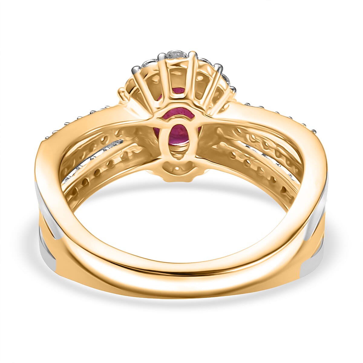D'Joy African Ruby (FF) and Moissanite 1.80 ctw Ring in 18K Vermeil YG and Rhodium Over Sterling Silver (Size 5.0) image number 4