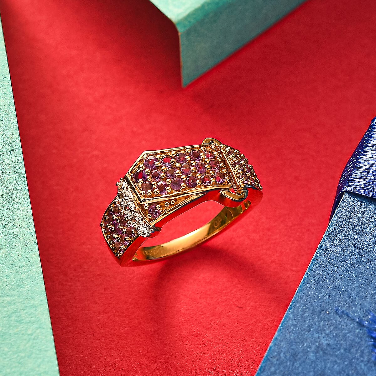 GP African Amethyst and Multi Gemstone 0.90 ctw Ring in 18K Vermeil Yellow Gold Over Sterling Silver (Size 7.5) image number 1