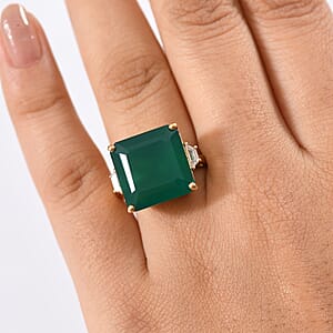 EverTrue Green Onyx and White Zircon 12.75 ctw Ring in 14K YG Over Sterling Silver (Size 8.0)
