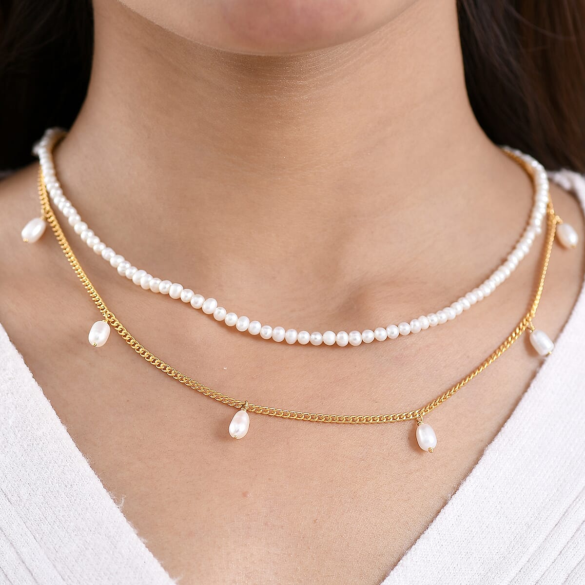 D'Joy Premium Freshwater Pearl Necklace in 18K Vermeil Yellow Gold Over Sterling Silver 14-16 Inches  image number 2