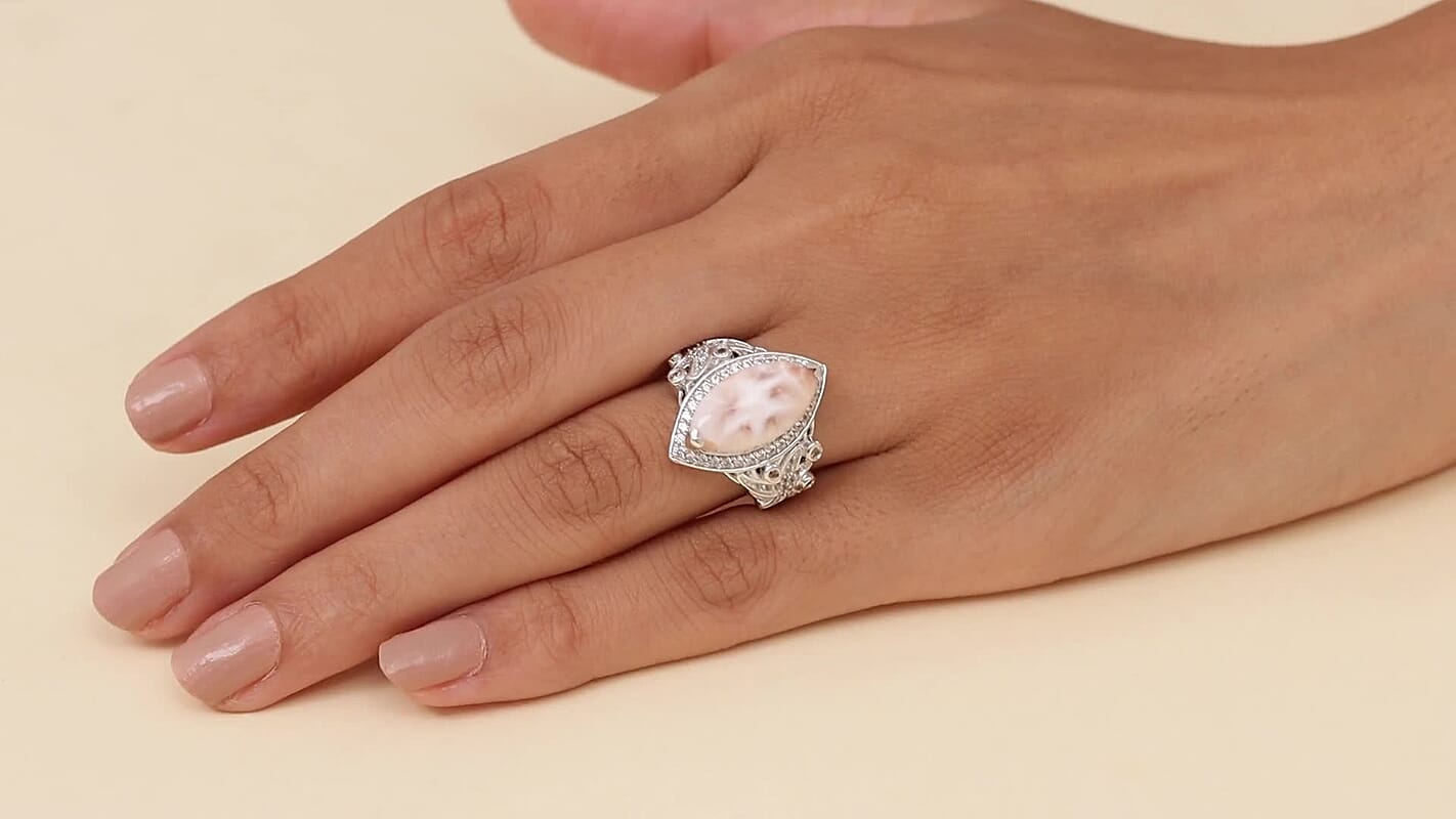 D'Joy Premium Natrolite, White and Champagne Zircon 6.50 ctw Ring in Rhodium Over Sterling Silver (Size 8.0)