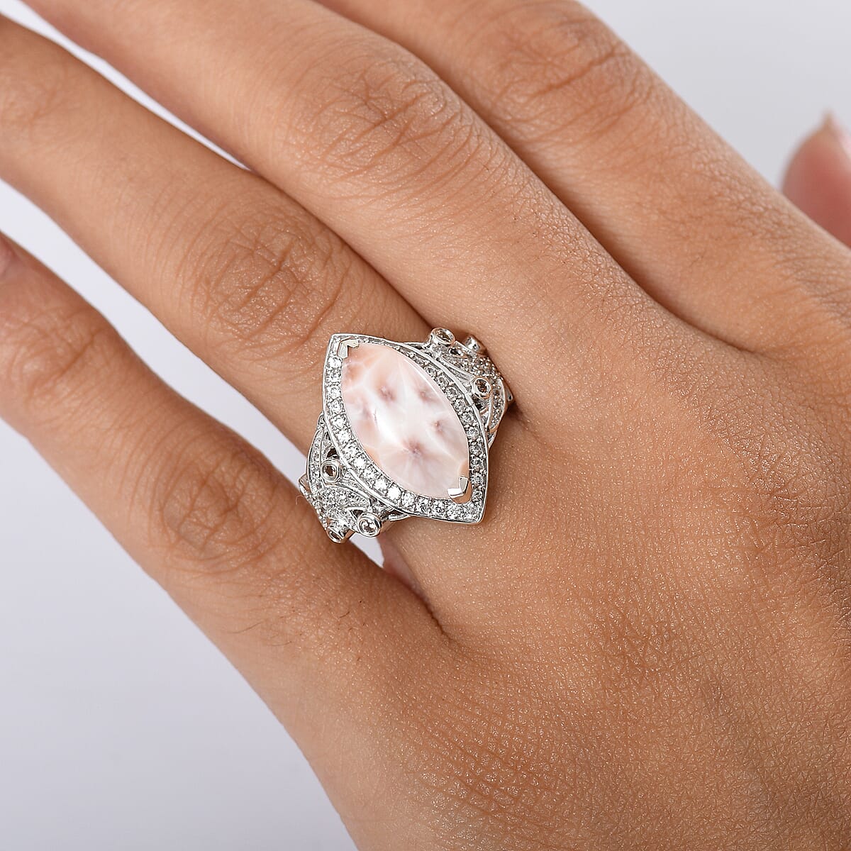 D'Joy Premium Natrolite, White and Champagne Zircon 6.50 ctw Ring in Rhodium Over Sterling Silver (Size 8.0) image number 2
