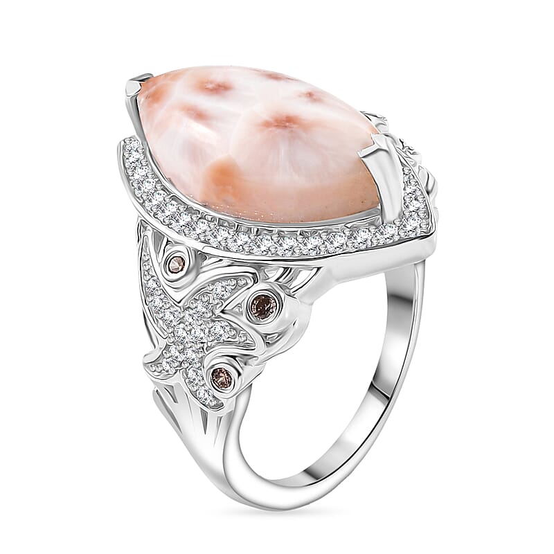 D'Joy Premium Natrolite, White and Champagne Zircon 6.50 ctw Ring in Rhodium Over Sterling Silver (Size 8.0)