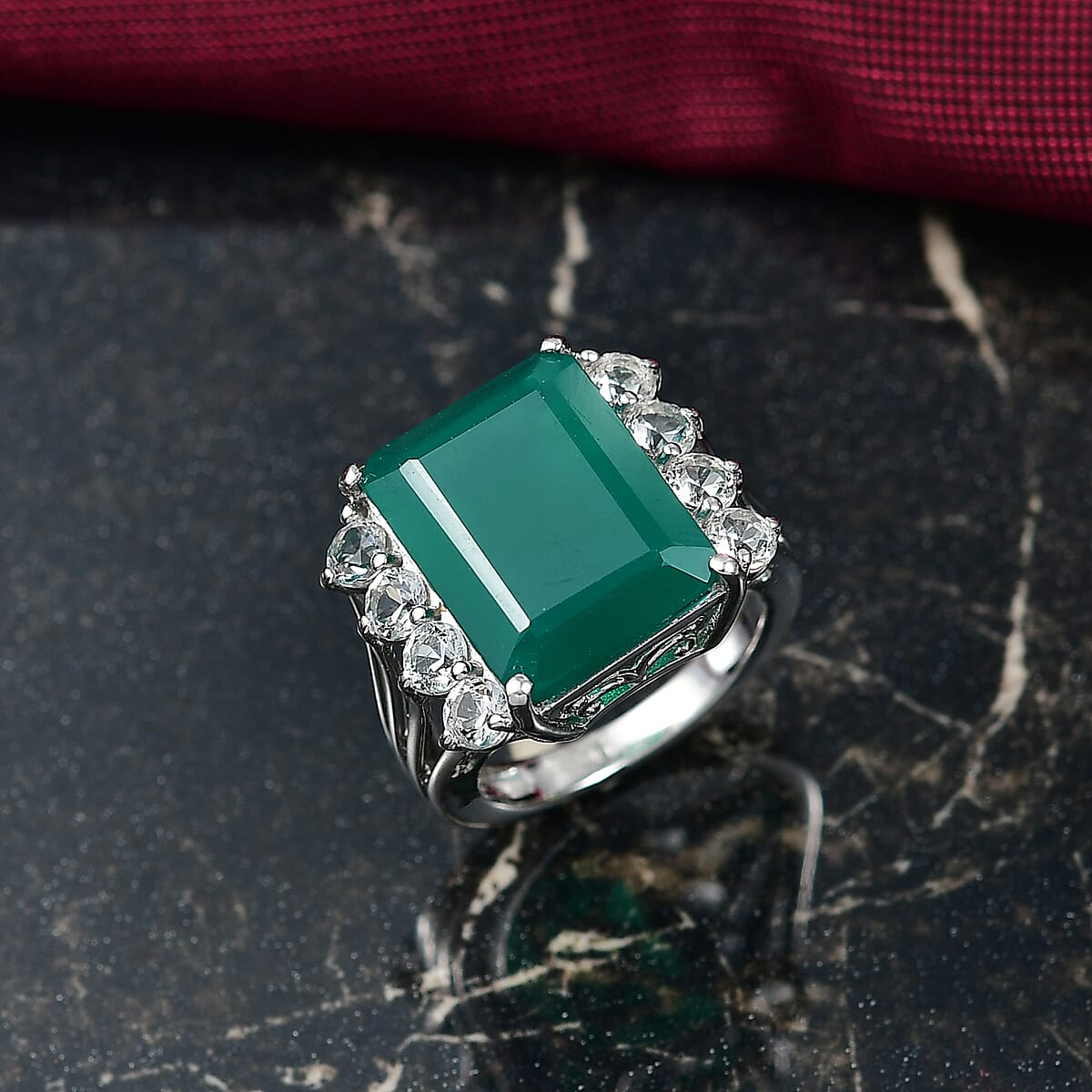 D'Joy Green Onyx and White Topaz 12.00 ctw Ring in Rhodium Over Sterling Silver (Size 8.0) image number 1