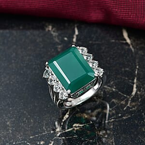 D'Joy Green Onyx and White Topaz 12.00 ctw Ring in Rhodium Over Sterling Silver (Size 8.0)