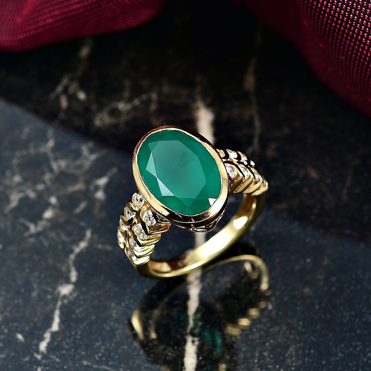 D'Joy Green Onyx and White Zircon 5.20 ctw Ring in 14K YG Over Sterling Silver (Size 8.5) image number 1