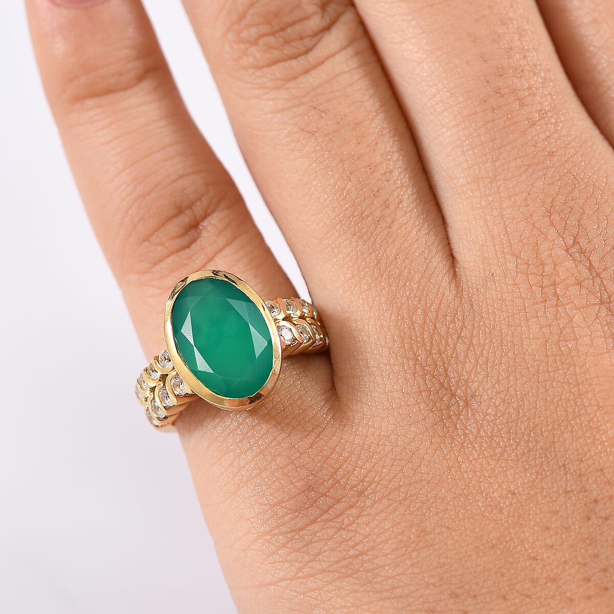 D'Joy Green Onyx and White Zircon 5.20 ctw Ring in 14K YG Over Sterling Silver (Size 8.5) image number 2
