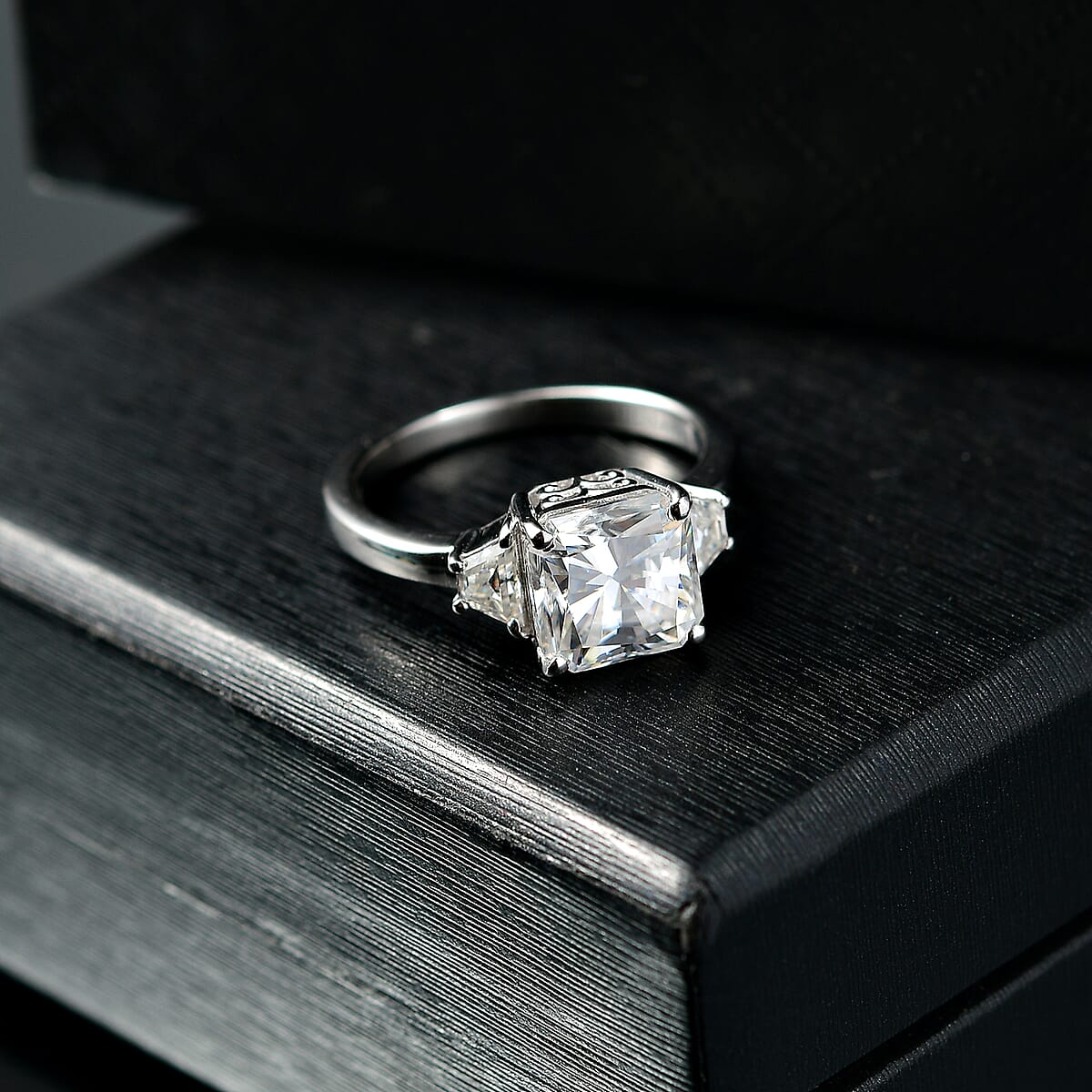 D'Joy Radiant Cut Moissanite 2.90 ctw Solitaire Ring in Rhodium Over Sterling Silver (Size 9.0) image number 1