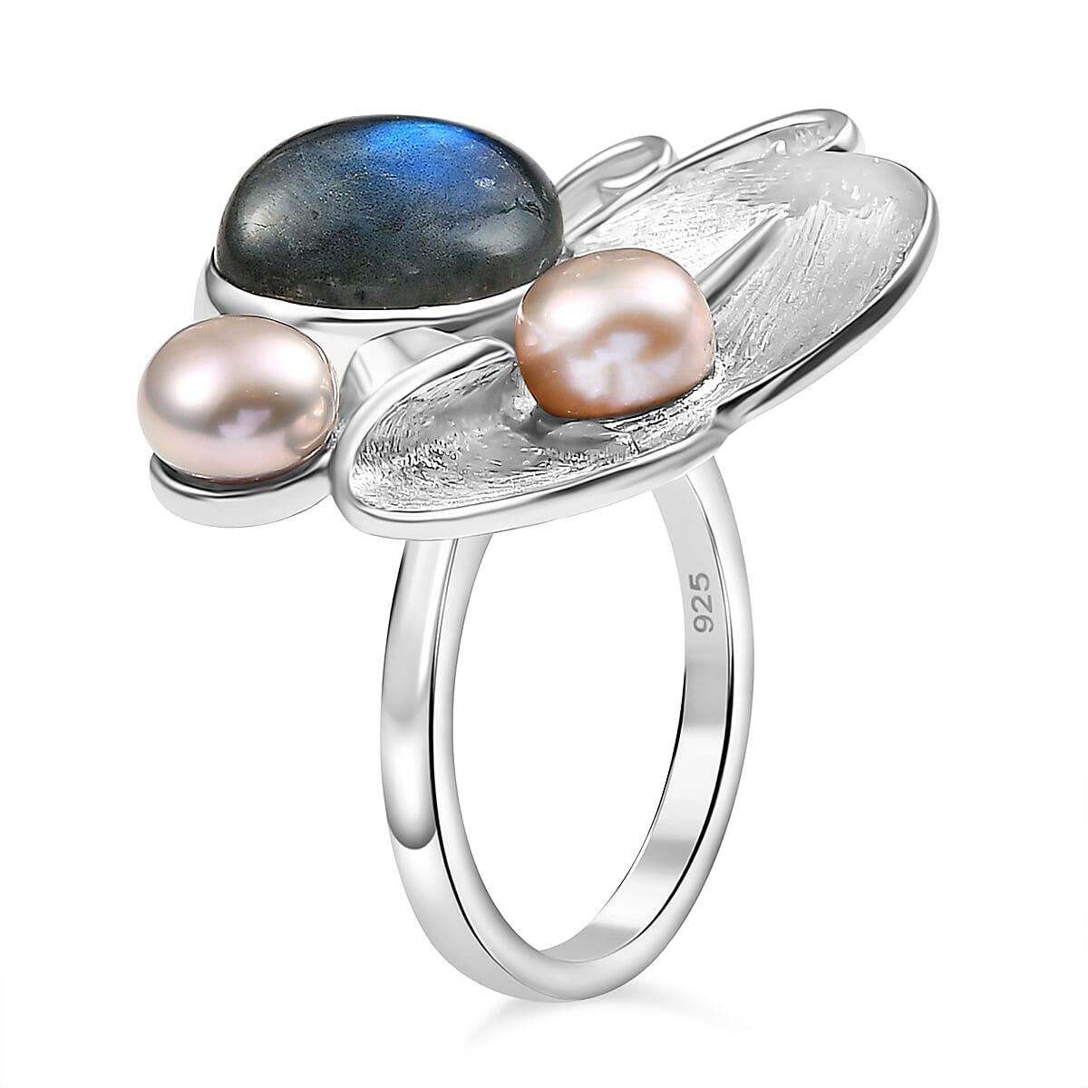 AAA Malagasy Labradorite and White Pearl 7.00 ctw Ring in Rhodium Over Sterling Silver (Size 8.0) image number 2