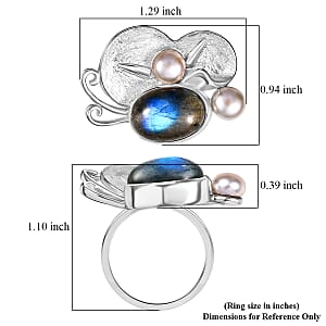 AAA Malagasy Labradorite and White Pearl 7.00 ctw Ring in Rhodium Over Sterling Silver (Size 8.0)
