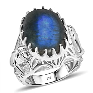 AAA Malagasy Labradorite 13.25 ctw Solitaire Ring in Rhodium Over Sterling Silver (Size 8.0)