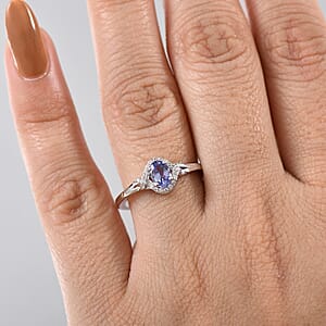 Tanzanite and White Zircon 0.65 ctw Ring in Rhodium Over Sterling Silver (Size 8.0)