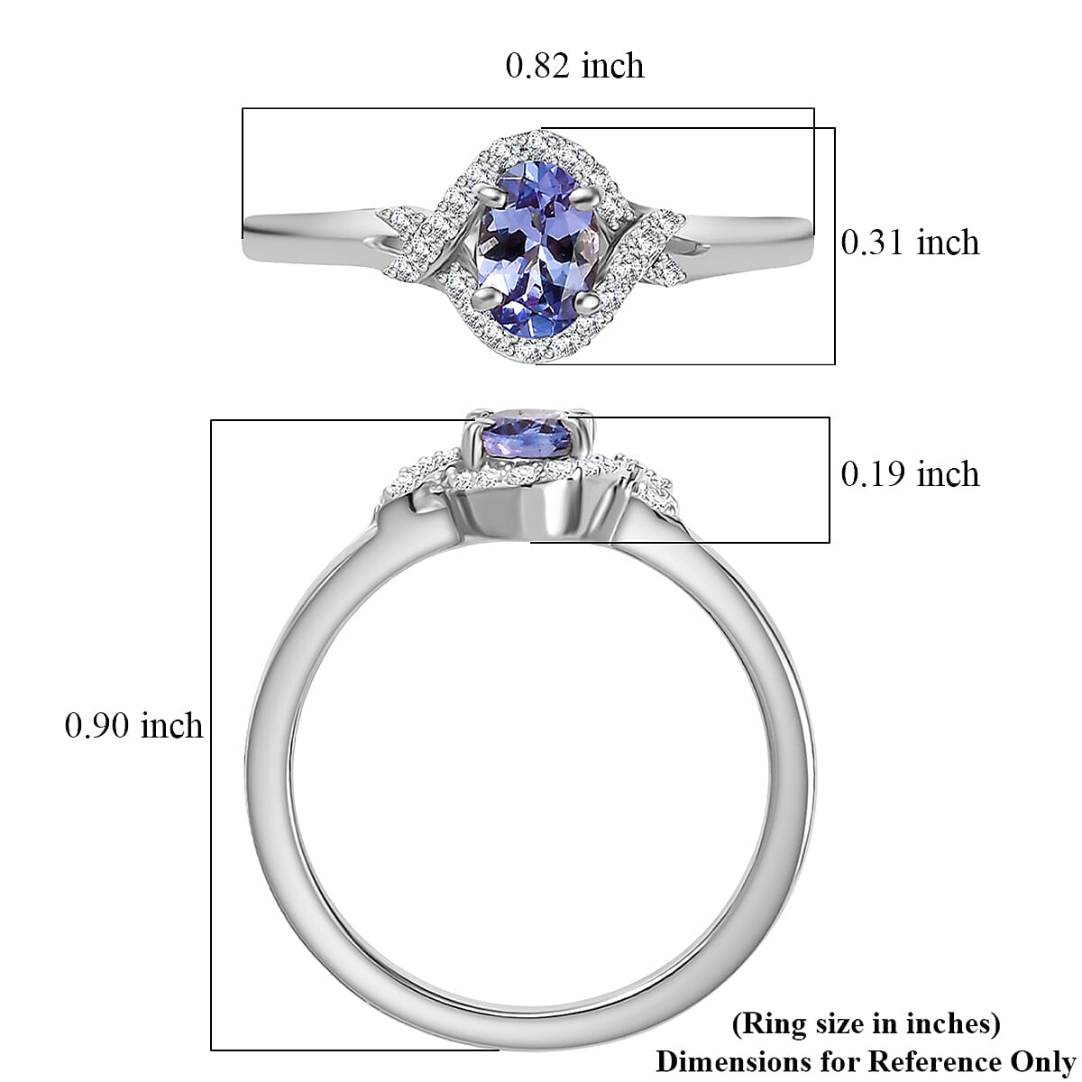 Tanzanite, White Zircon Ring in Rhodium Over Sterling Silver (Size 8.0) 0.65 ctw image number 3