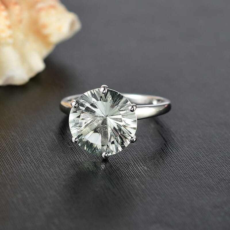 Montezuma Prasiolite 5.90 ctw Ring in Rhodium Over Sterling Silver (Size 9.0)