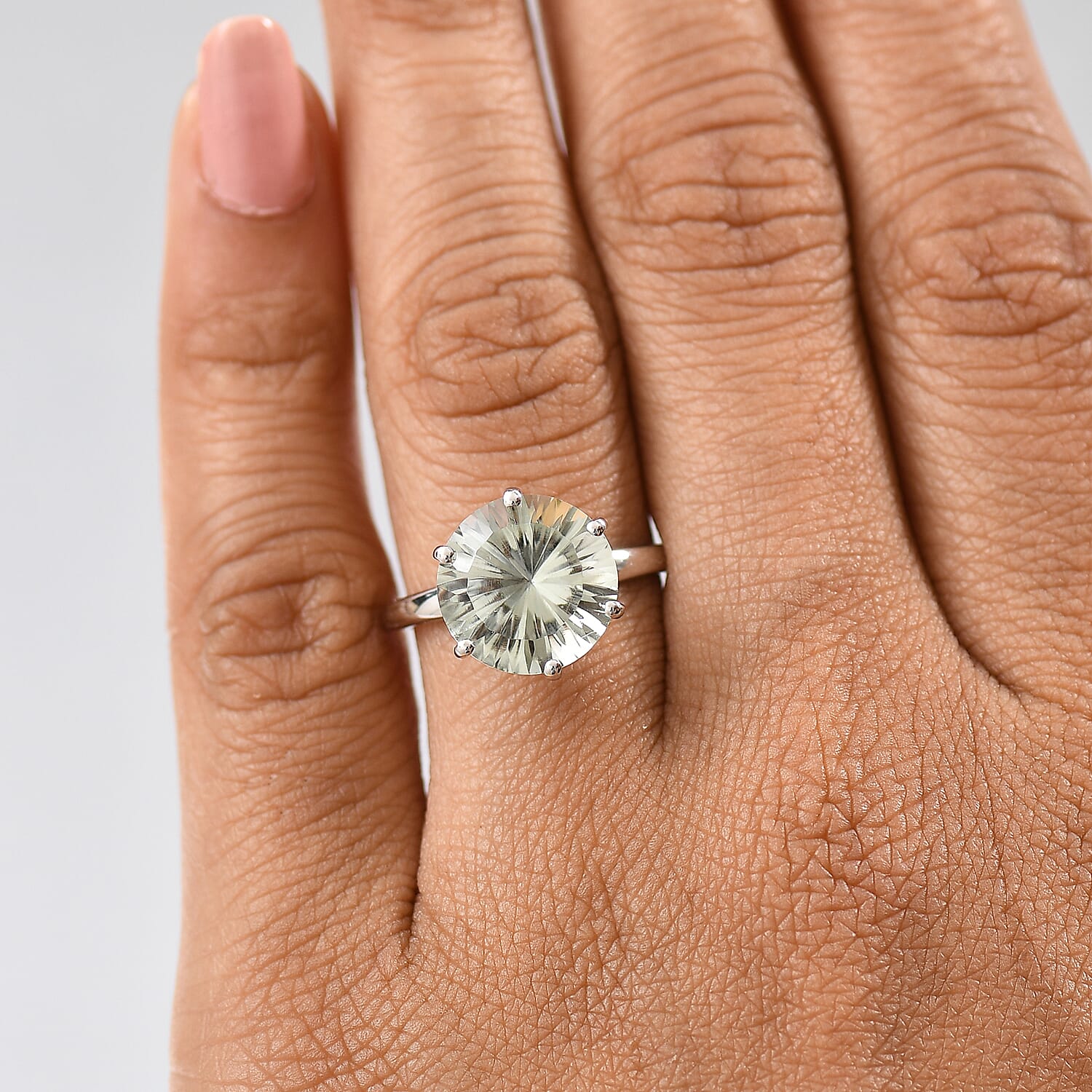 Montezuma Prasiolite 5.90 ctw Ring in Rhodium Over Sterling Silver (Size 9.0)