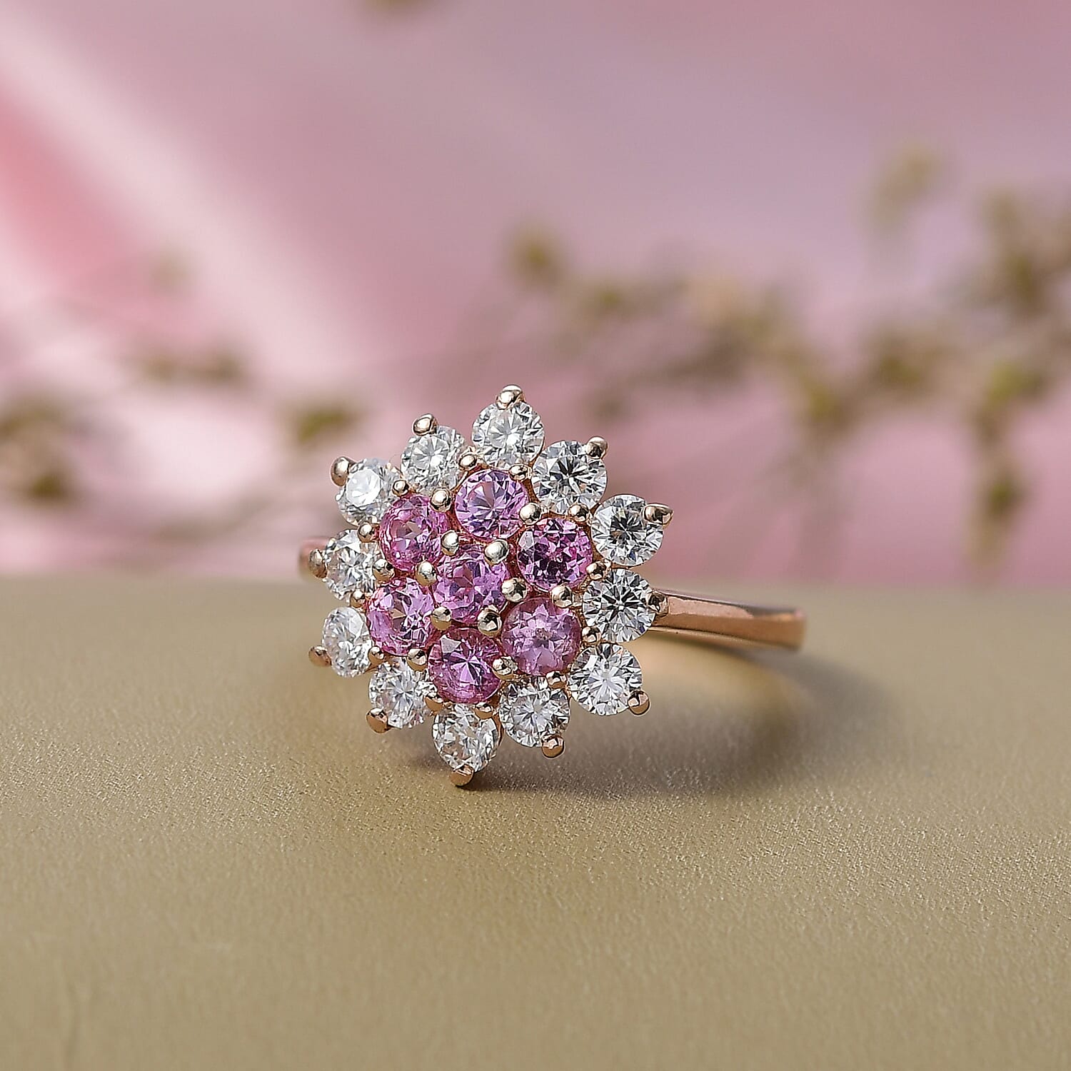 D'Joy Premium Lab Grown Pink Sapphire and Moissanite 2.10 ctw Ring in 18K RG Plated Sterling Silver (Size 8.0)