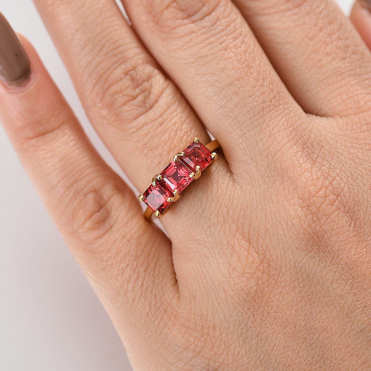 Lab Created Padparadscha Sapphire 2.85 ctw Ring in 18K YG Plated Sterling Silver (Size 9.0) image number 2