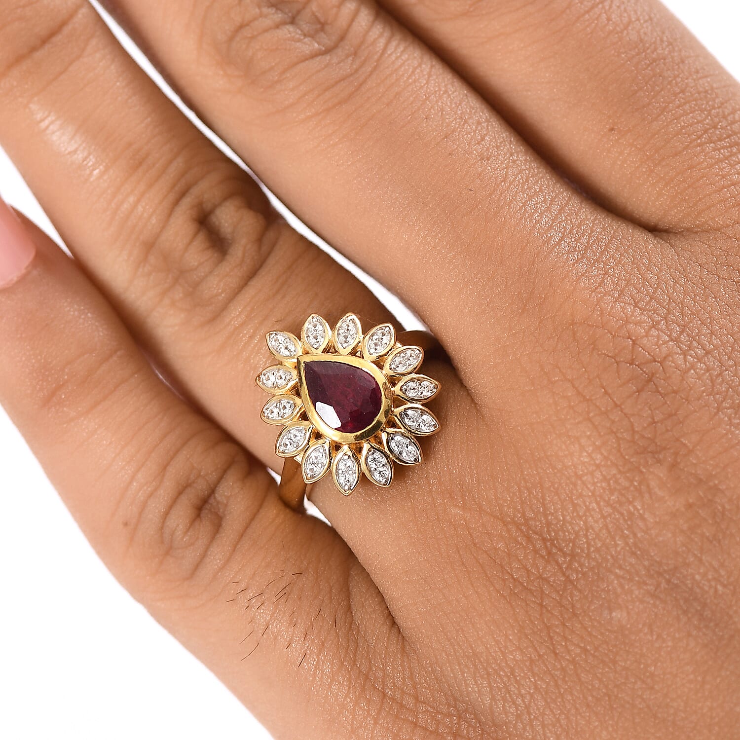 D'Joy African Ruby (FF) and White Zircon 1.90 ctw Ring in 18K YG Plated Sterling Silver (Size 6.5)