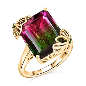 Watermelon Quartz (Triplet) and Chrome Diopside 11.60 ctw Ring in 18K Vermeil Yellow Gold Over Sterling Silver (Size 6.5)